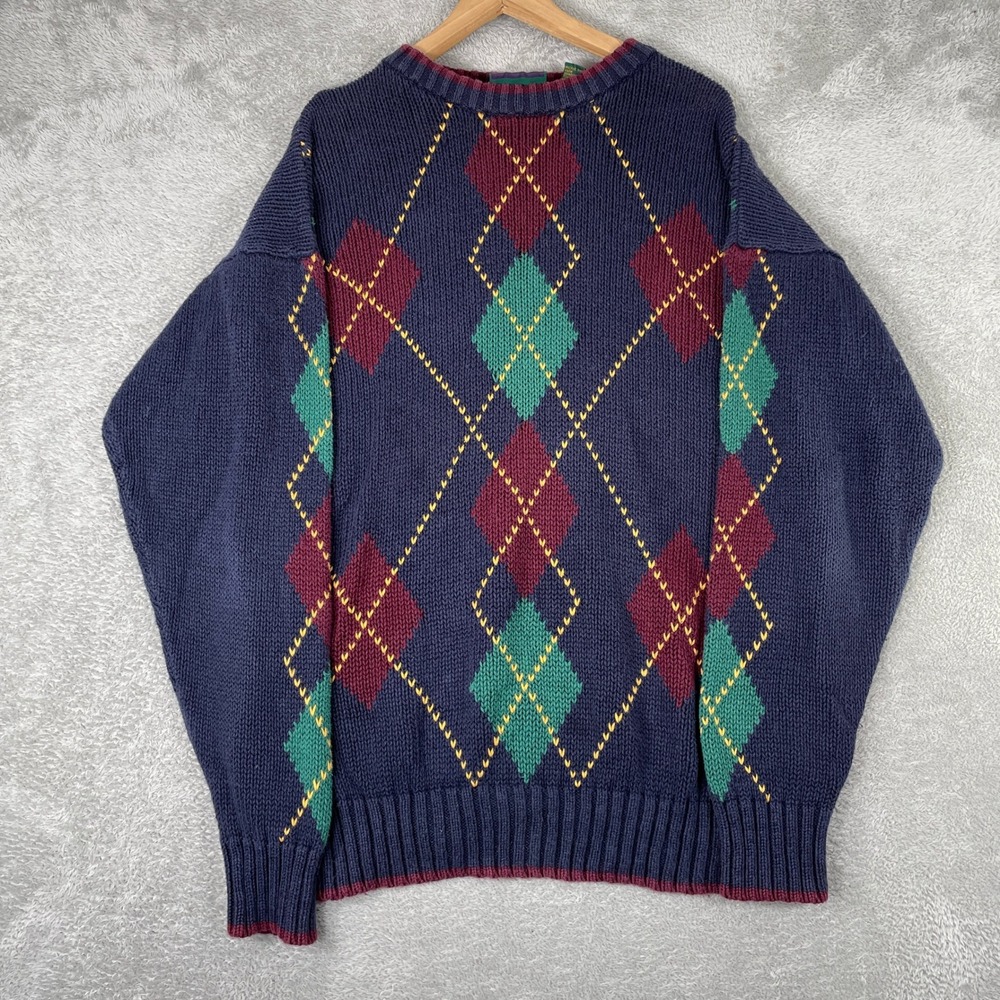 Hunting Horn Argyle Sweater Mens Large Navy Blue Cotton Vintage Knit Pullover